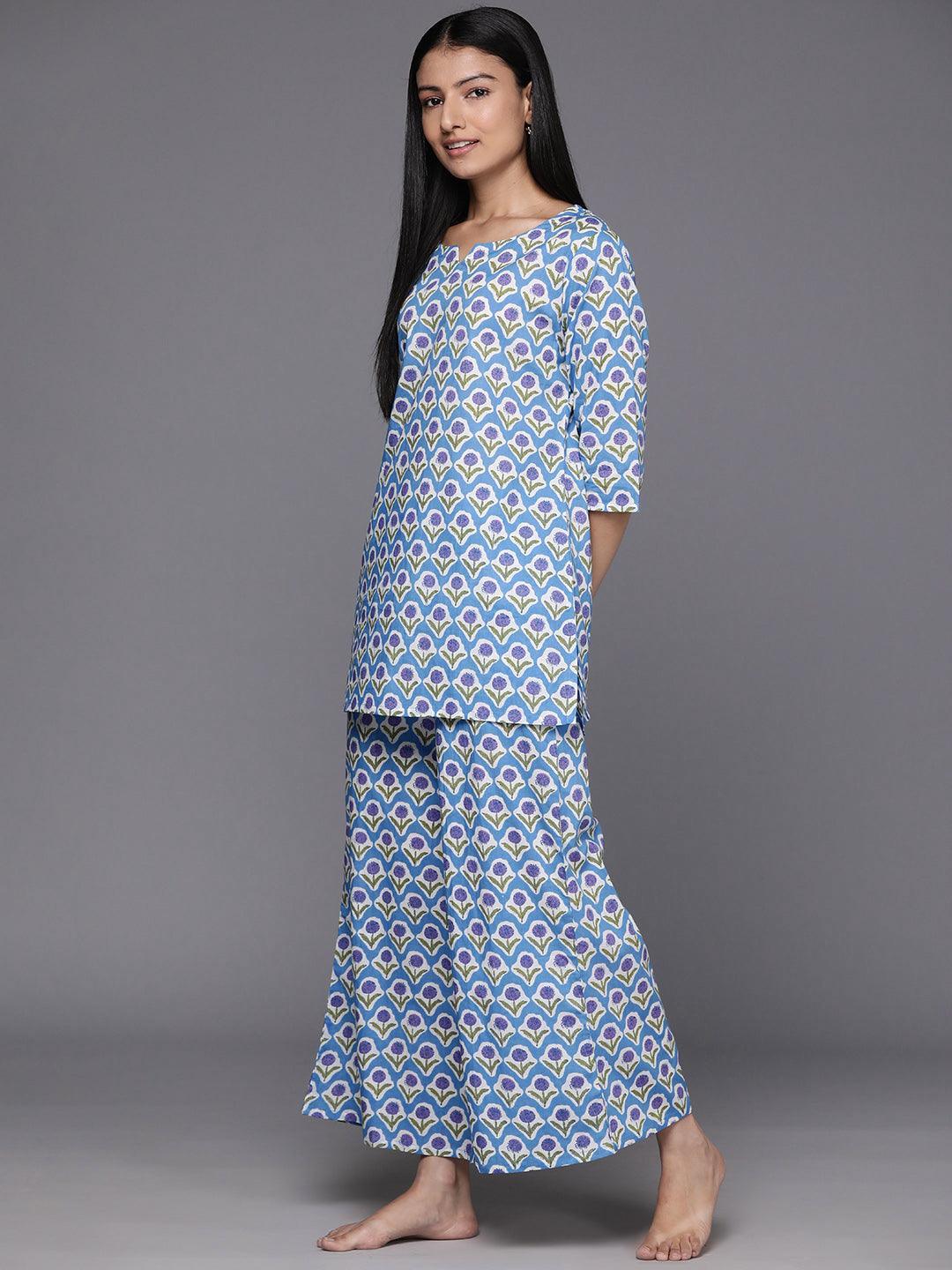 Blue Printed Cotton Night Suit