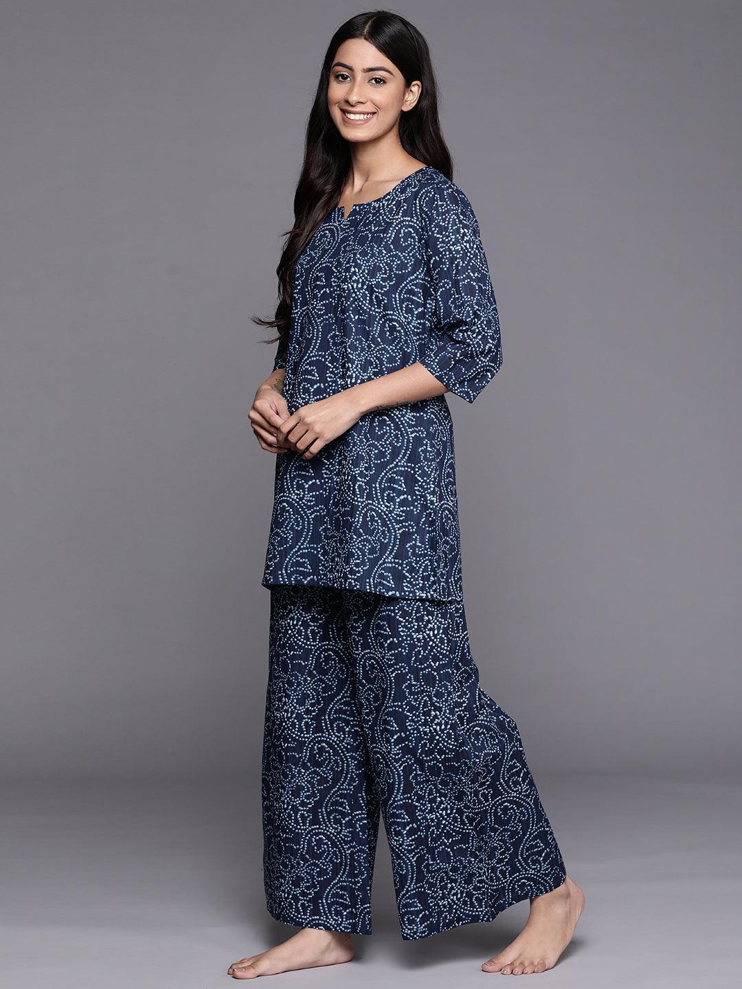 Blue Printed Cotton Night Suit