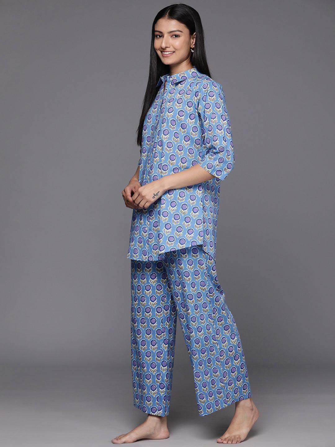 Blue Printed Cotton Night Suit