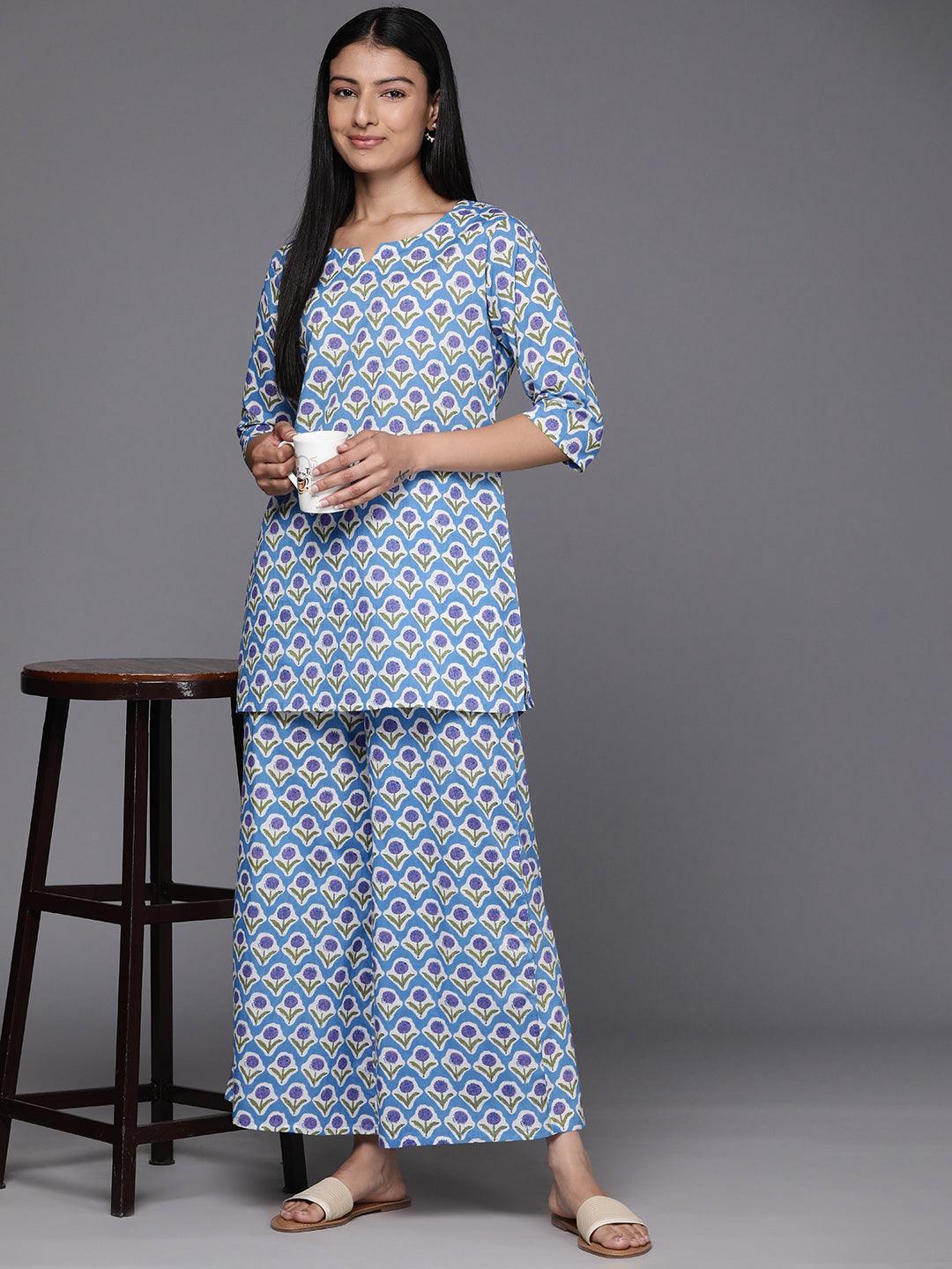 Blue Printed Cotton Night Suit