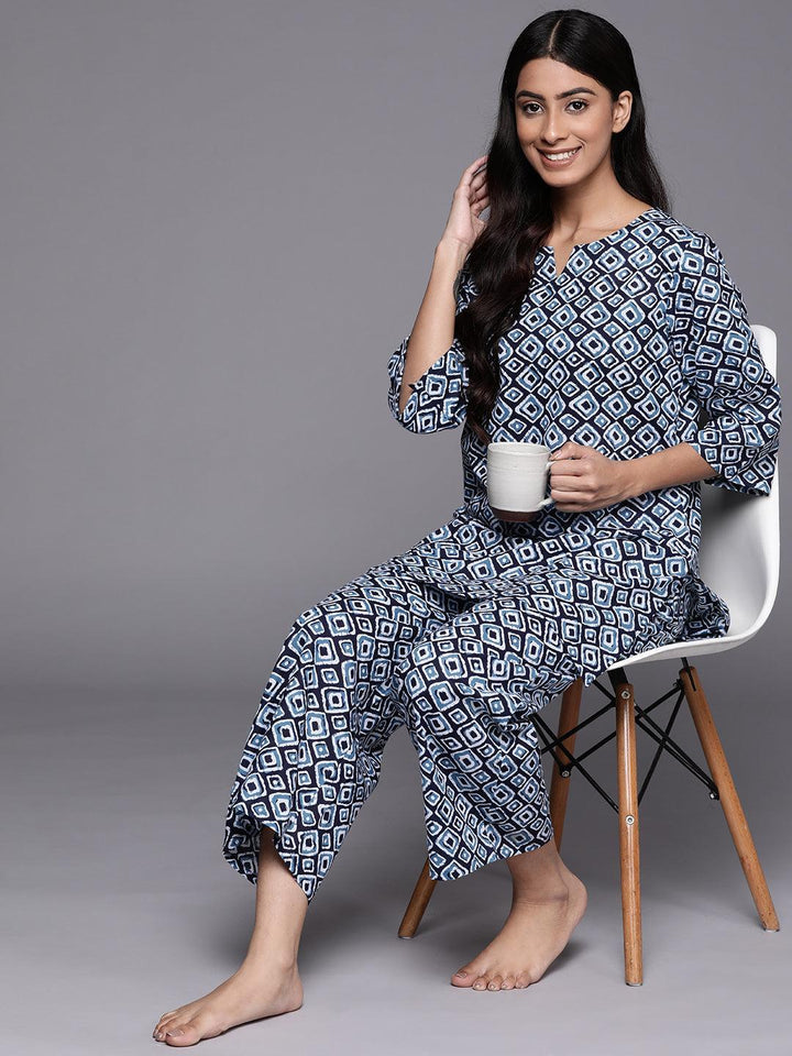 Blue Printed Cotton Night Suit - ShopLibas