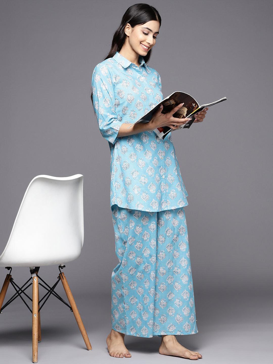 Blue Printed Cotton Night Suit