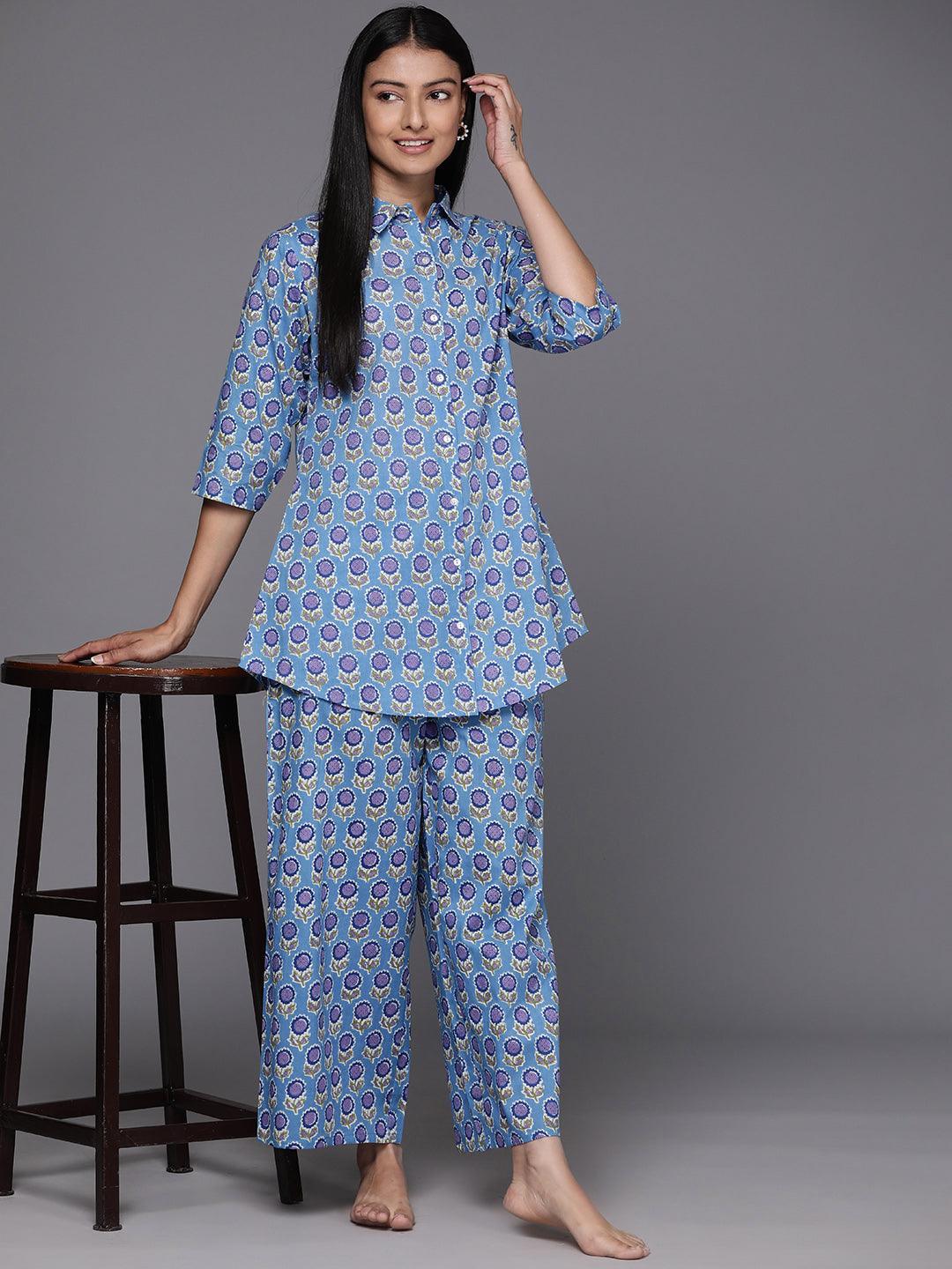 Blue Printed Cotton Night Suit