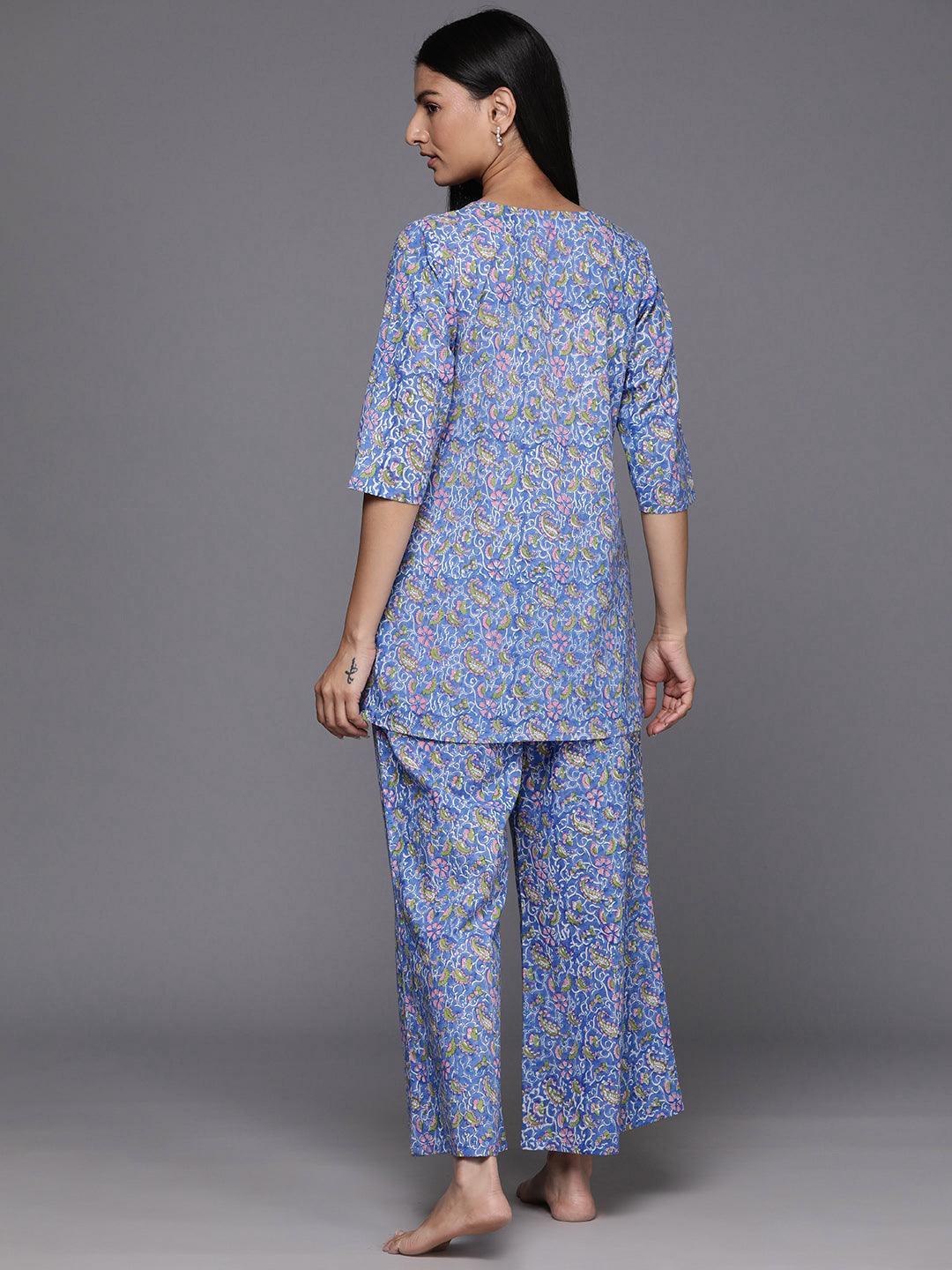 Blue Printed Cotton Night Suit