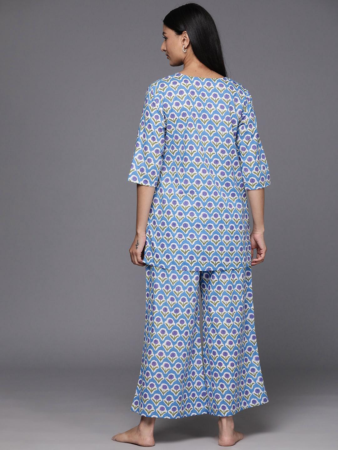 Blue Printed Cotton Night Suit