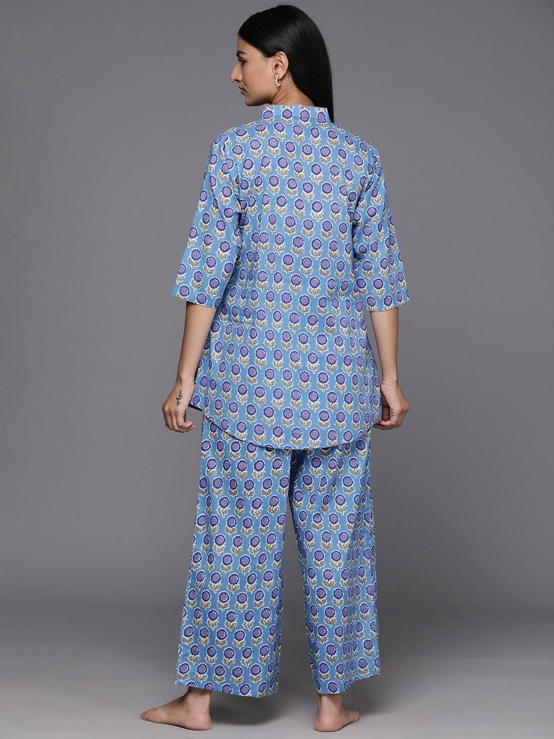 Blue Printed Cotton Night Suit