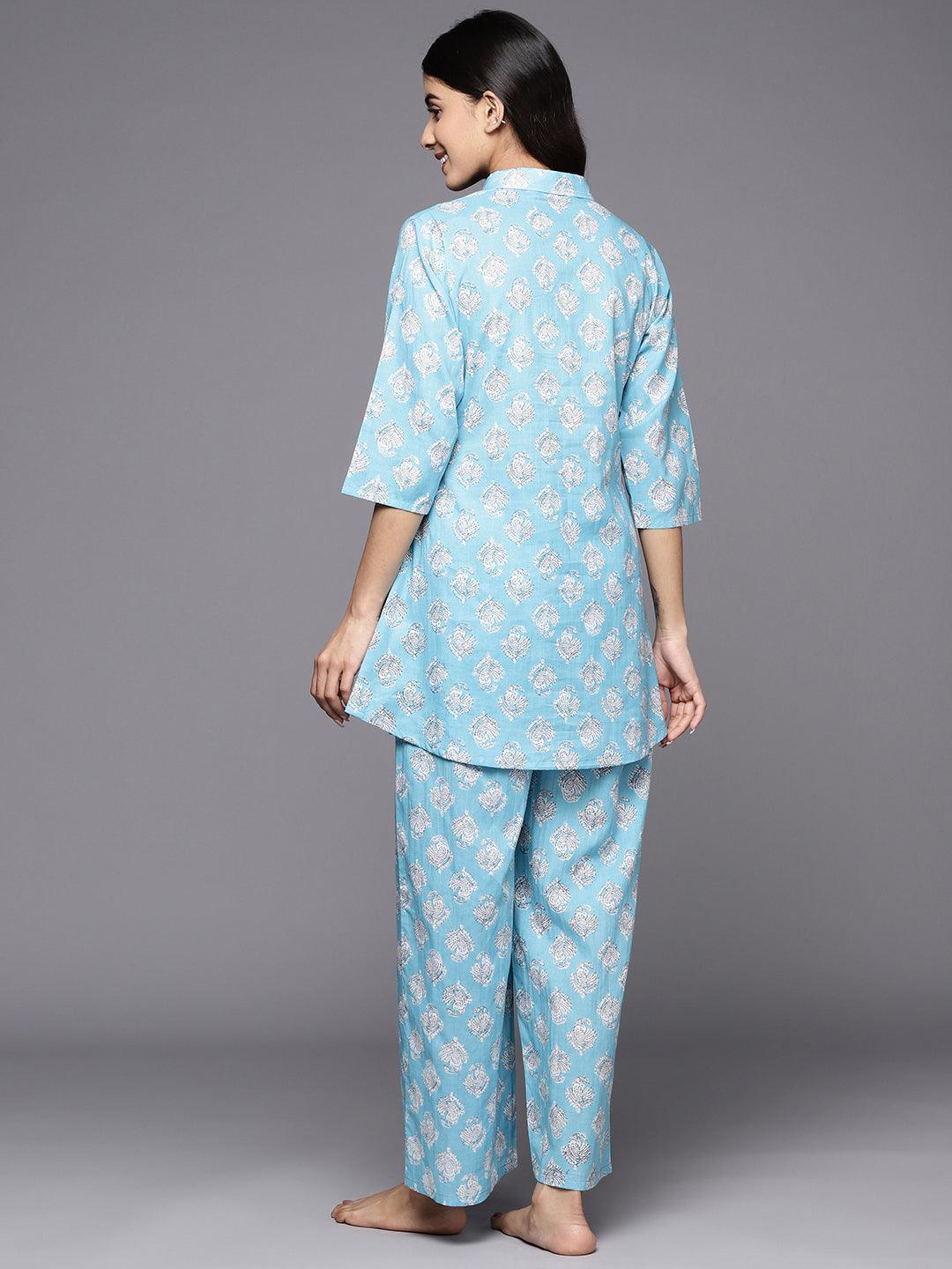 Blue Printed Cotton Night Suit