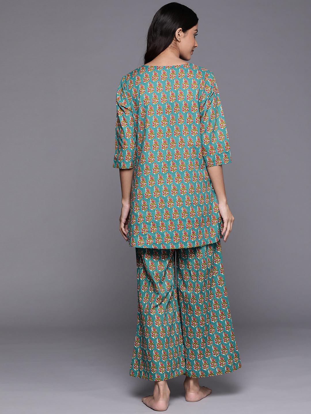 Blue Printed Cotton Night Suit