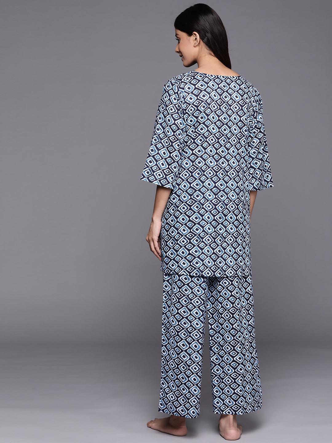 Blue Printed Cotton Night Suit - ShopLibas