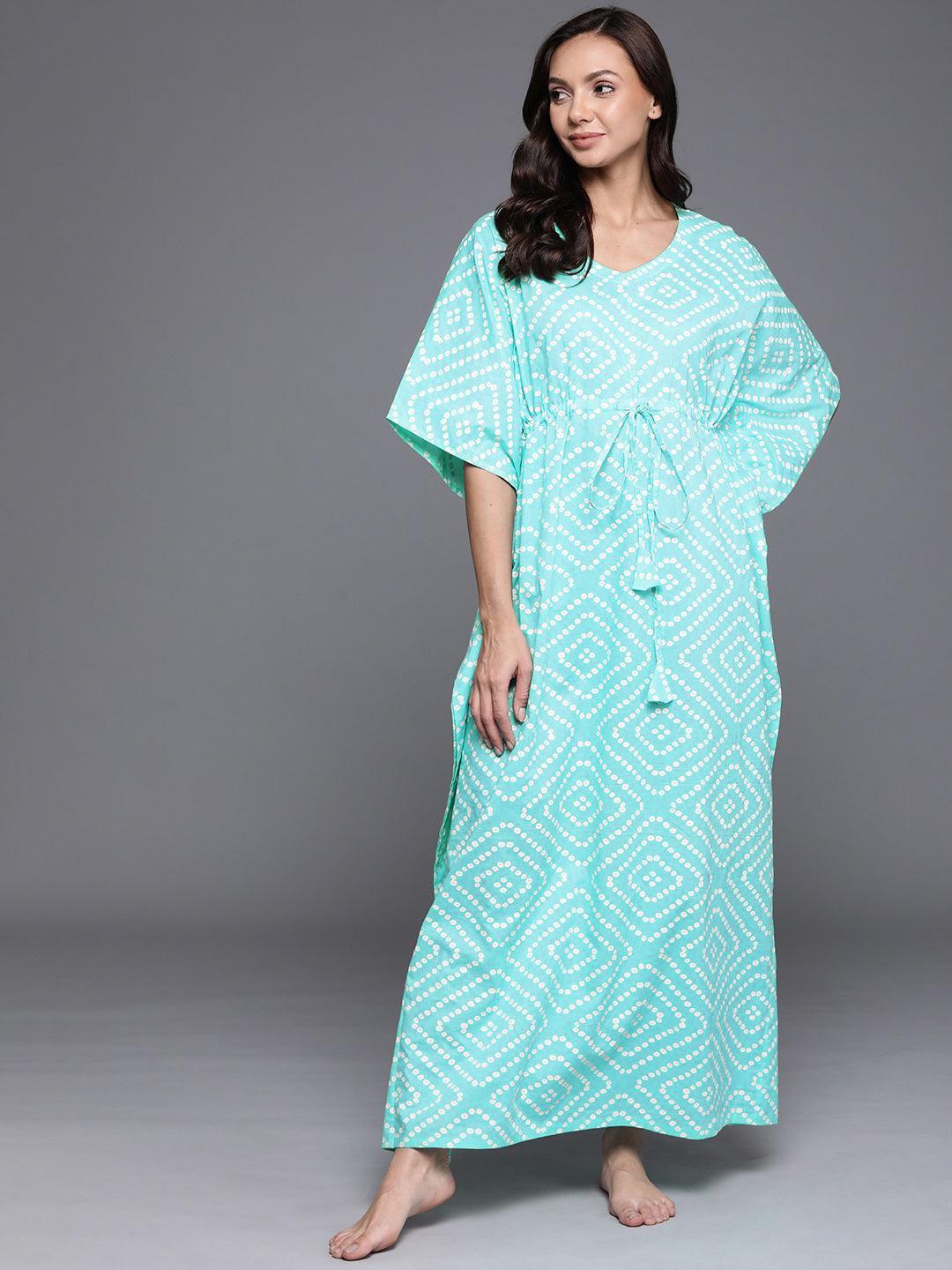 Blue Printed Cotton Nightdress - ShopLibas