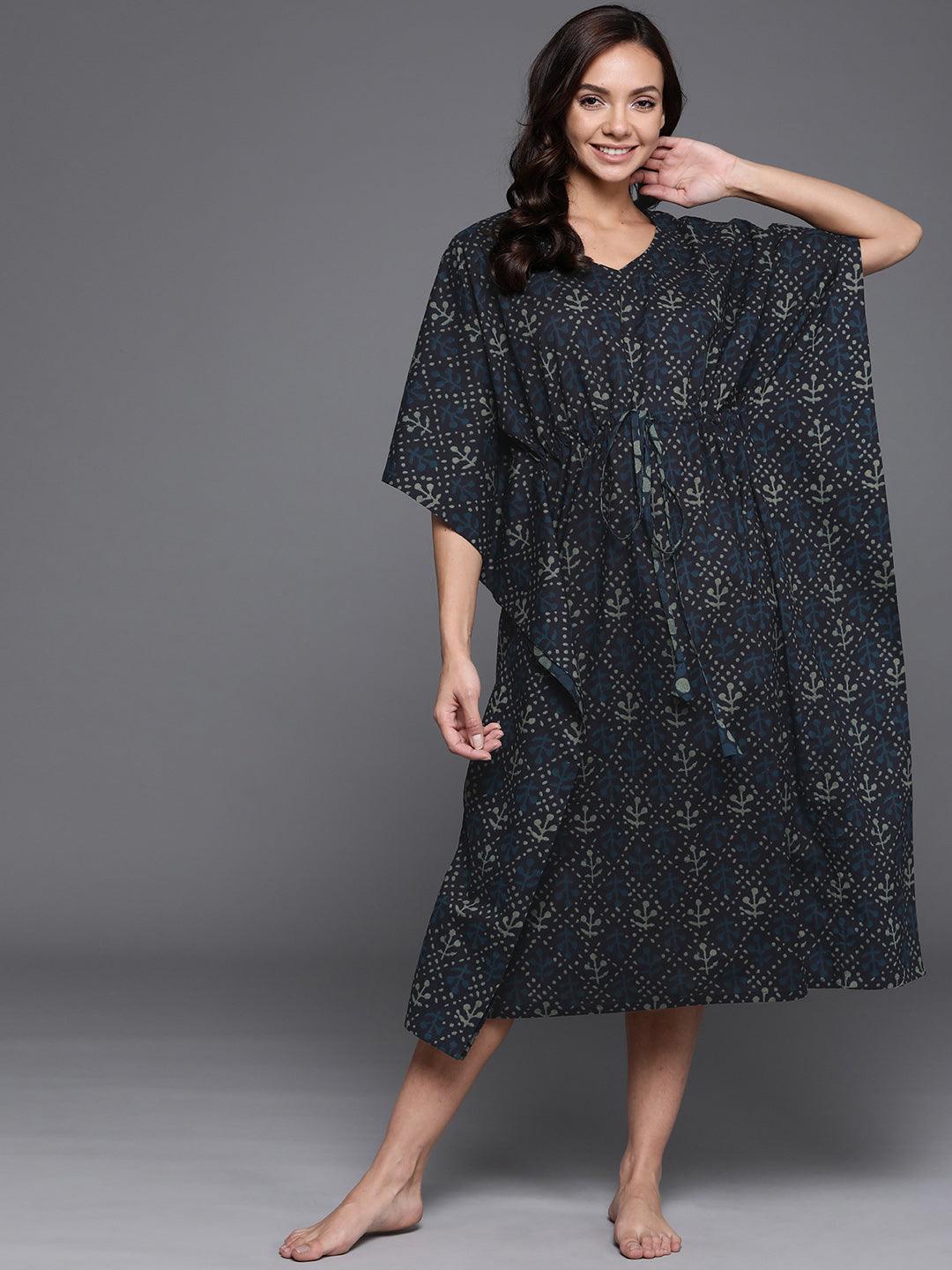 Blue Printed Cotton Nightdress - ShopLibas