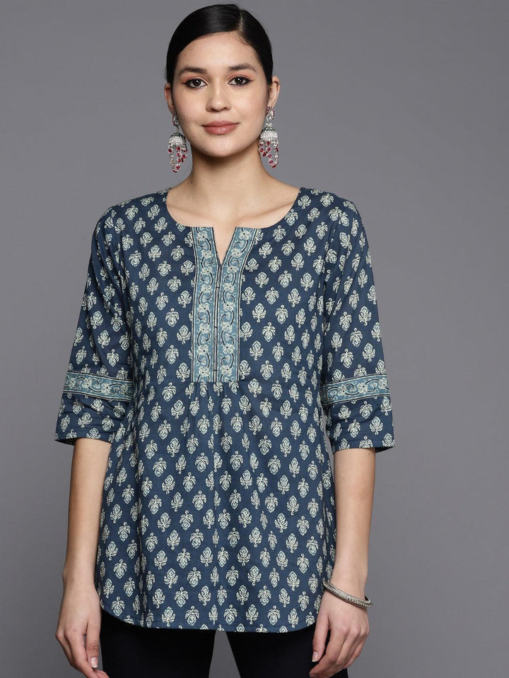 Blue Printed Cotton A-Line Kurti - Libas