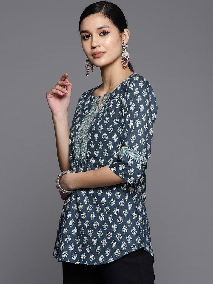 Blue Printed Cotton A-Line Kurti - Libas