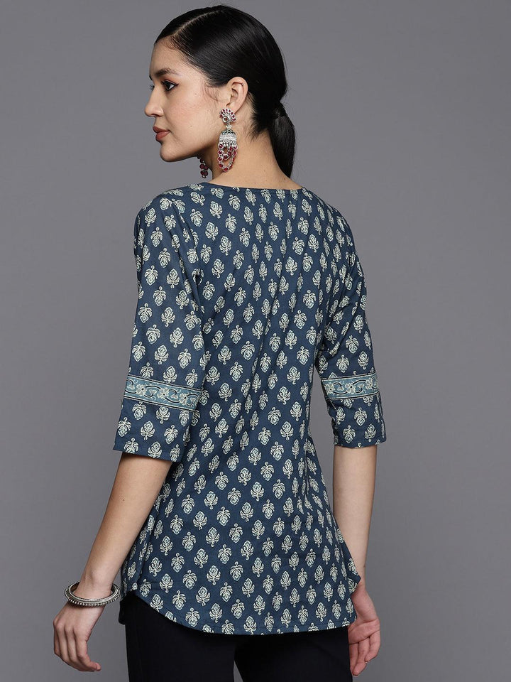 Blue Printed Cotton A-Line Kurti - Libas