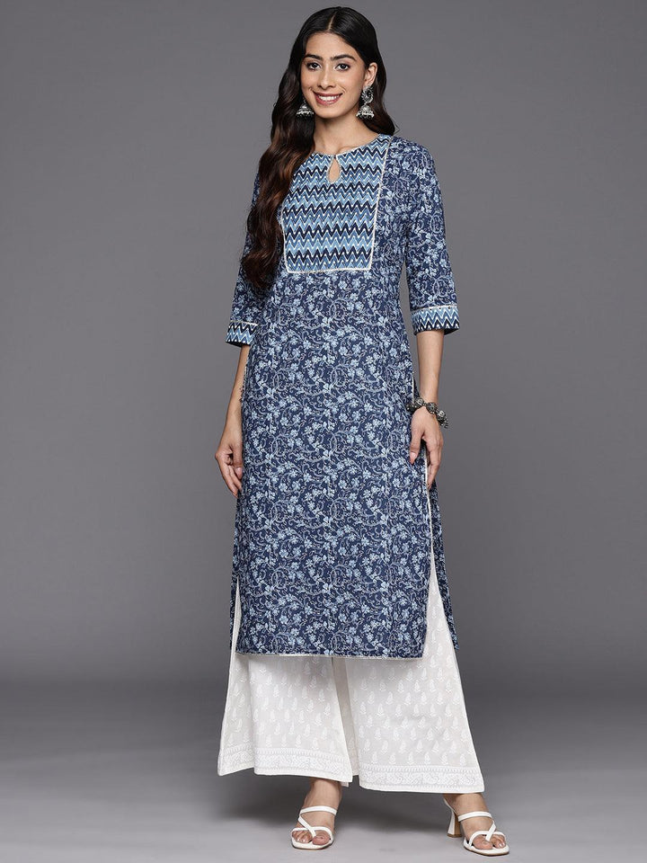 Blue Printed Cotton Straight Kurta - ShopLibas