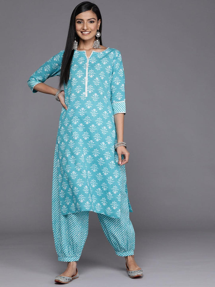 Blue Printed Cotton Straight Kurta - ShopLibas