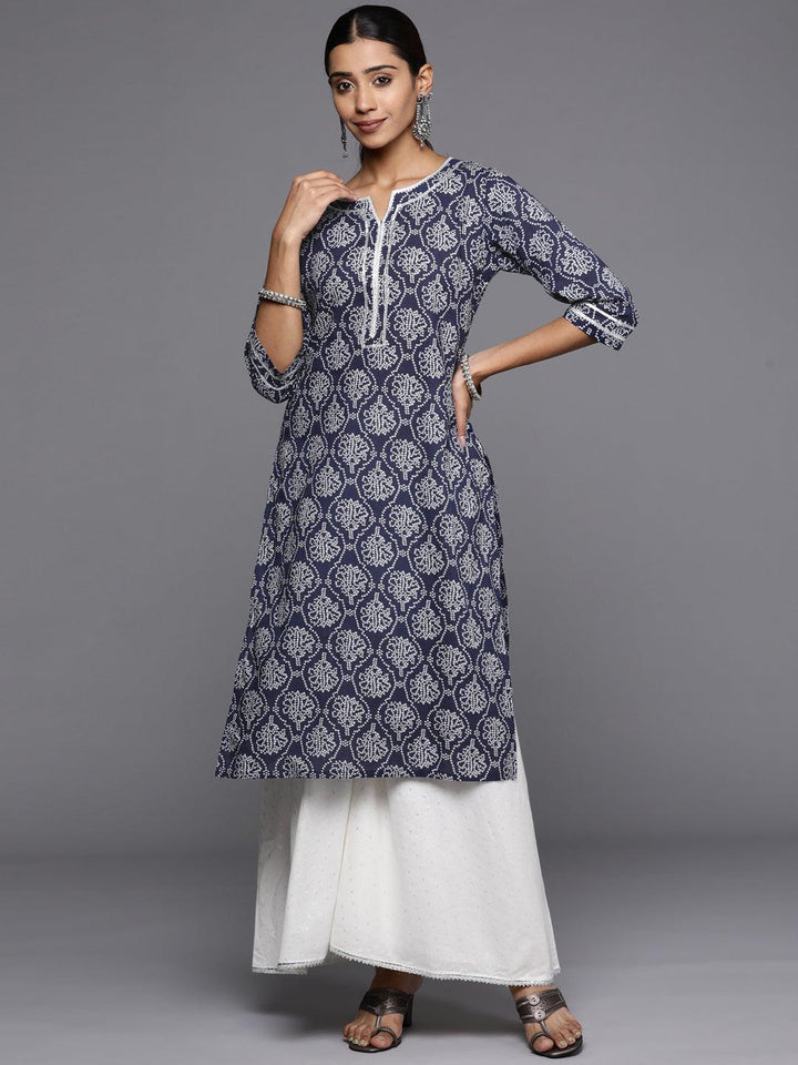 Blue Printed Cotton Straight Kurta - ShopLibas