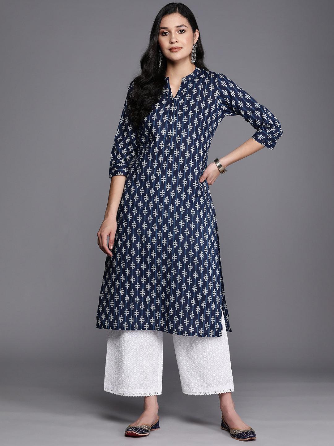 Blue Printed Cotton Straight Kurta - Libas