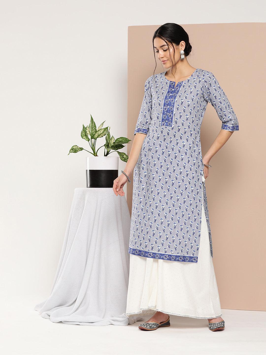 Blue Printed Cotton Straight Kurta - ShopLibas