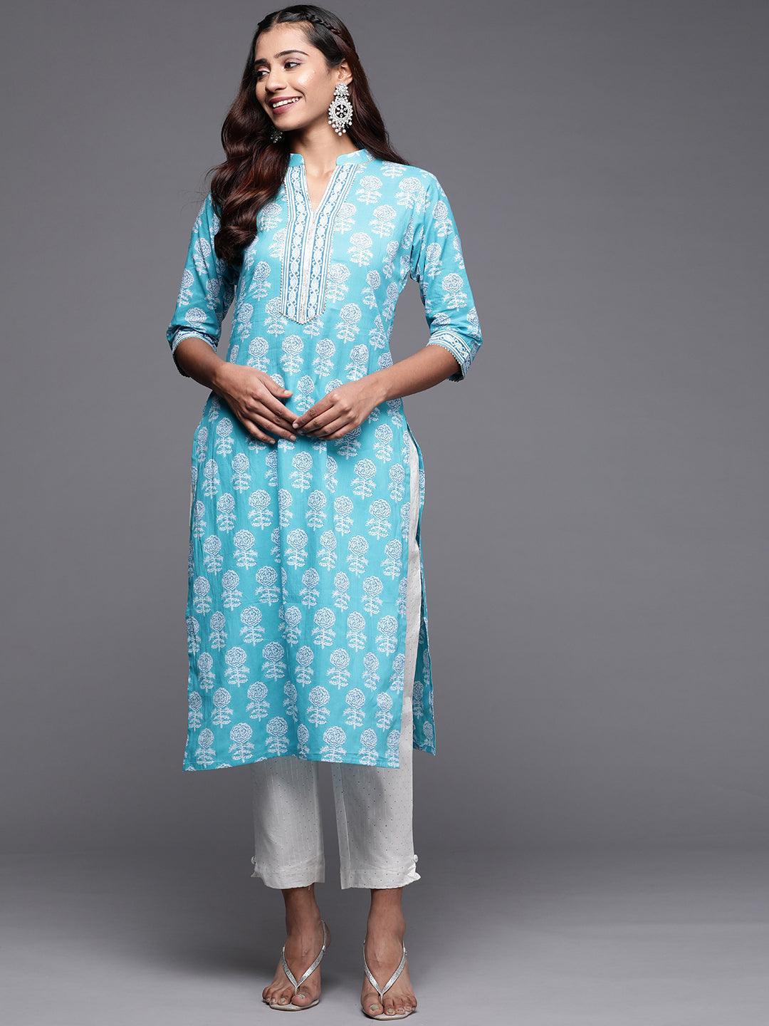 Blue Printed Cotton Straight Kurta