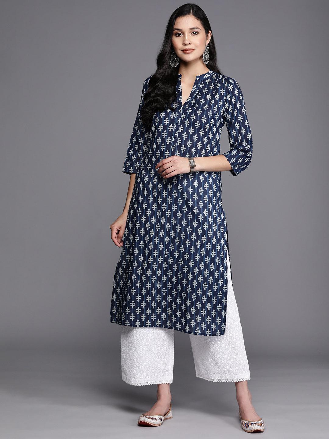 Blue Printed Cotton Straight Kurta - Libas