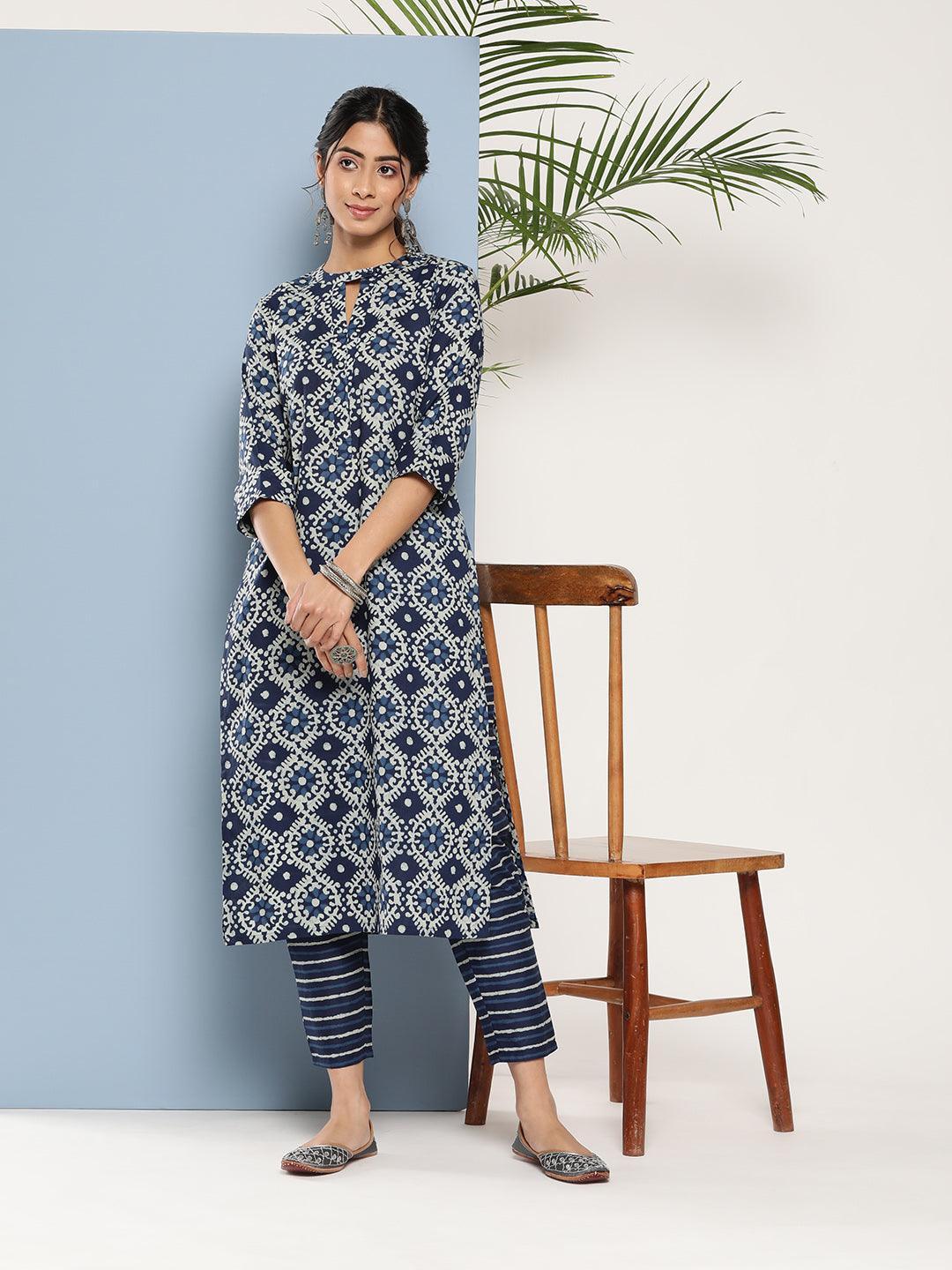 Blue Printed Cotton Straight Kurta