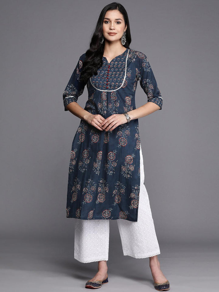 Blue Printed Cotton Straight Kurta - ShopLibas