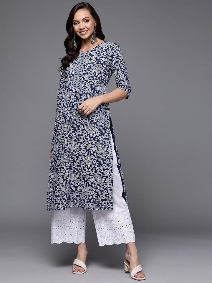 Blue Printed Cotton Straight Kurta - ShopLibas