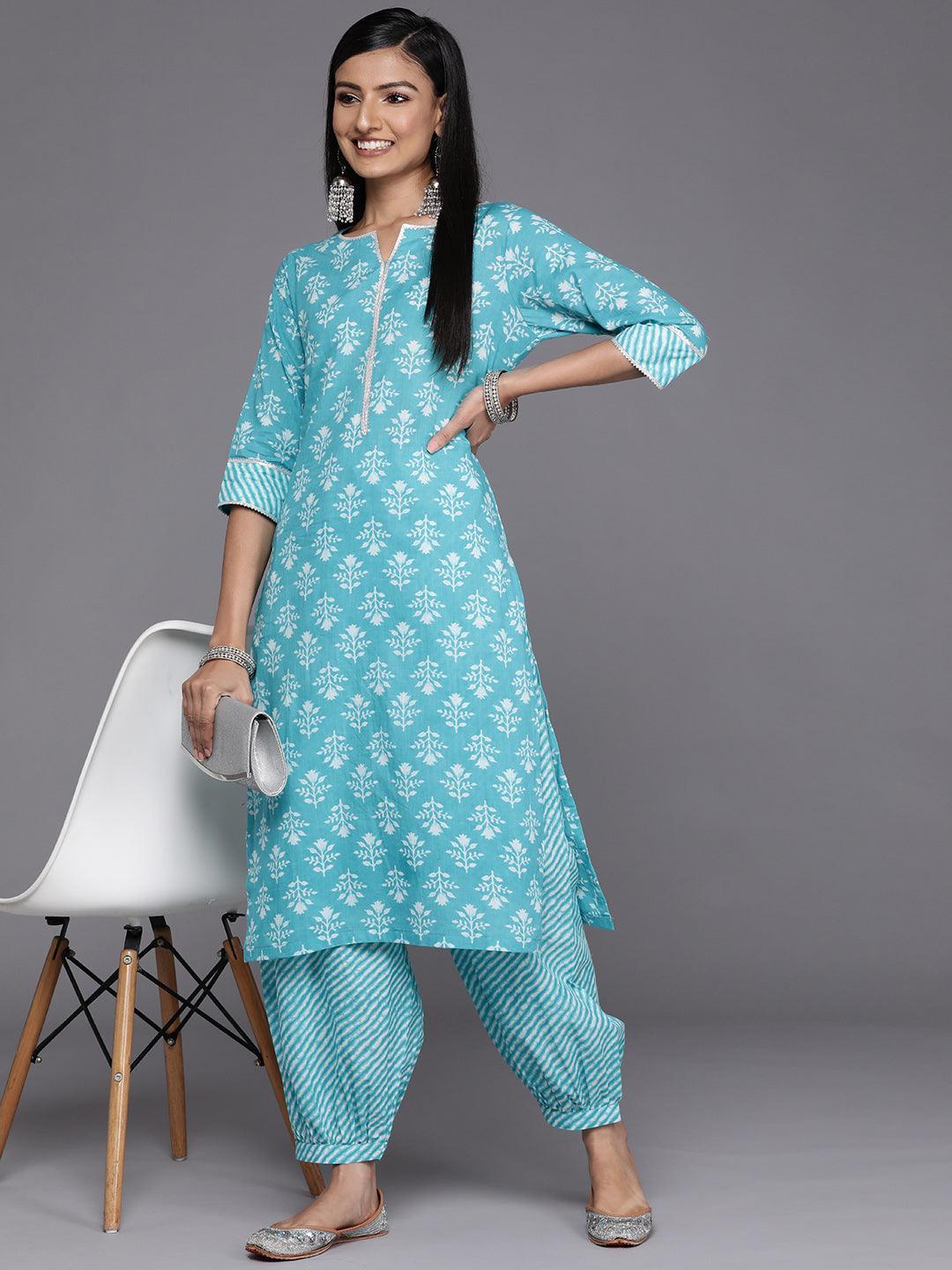 Blue Printed Cotton Straight Kurta