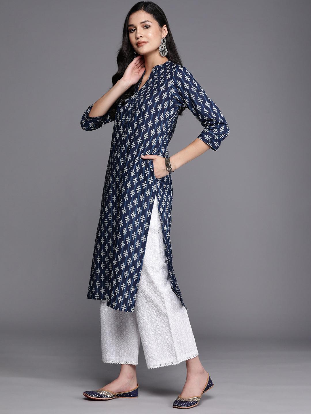 Blue Printed Cotton Straight Kurta