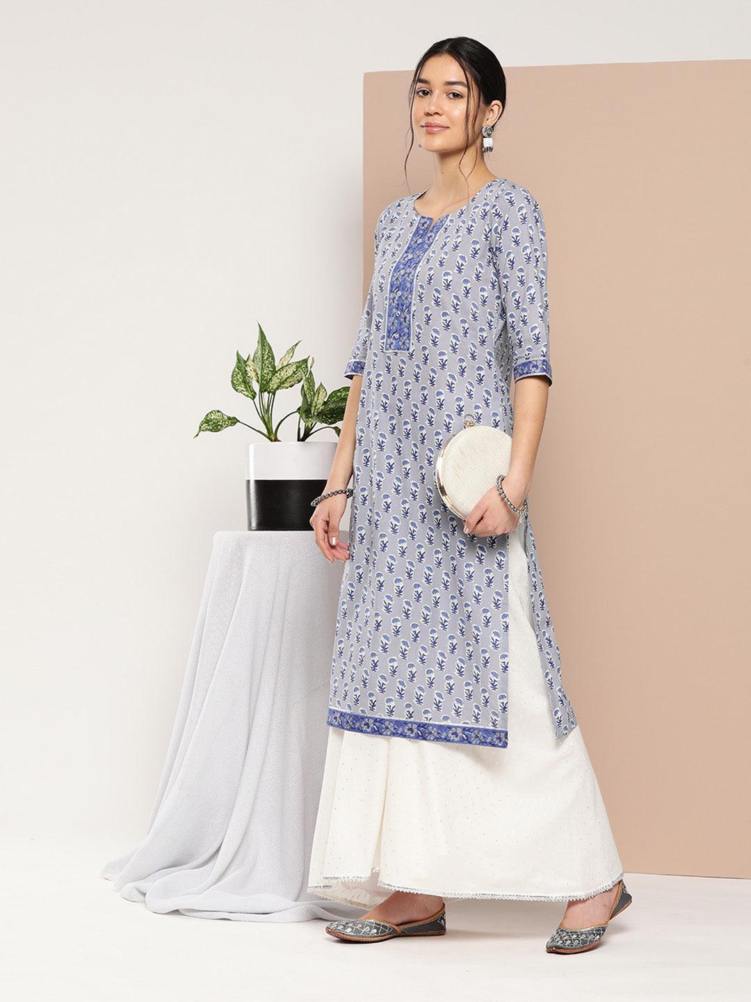 Blue Printed Cotton Straight Kurta - ShopLibas