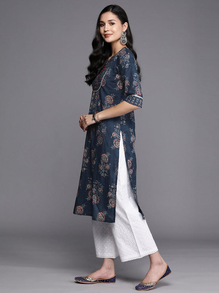 Blue Printed Cotton Straight Kurta - ShopLibas