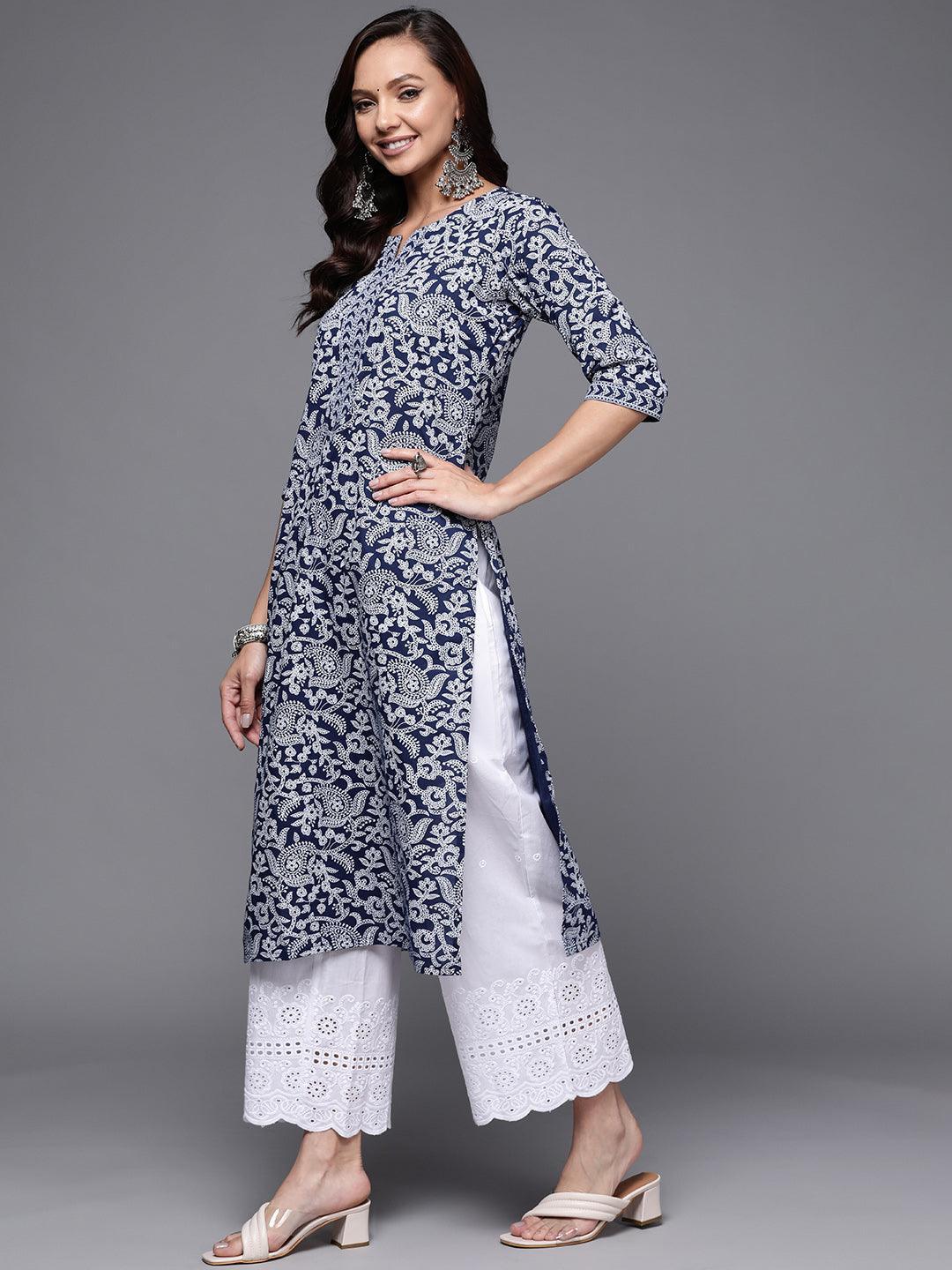 Blue Printed Cotton Straight Kurta - ShopLibas