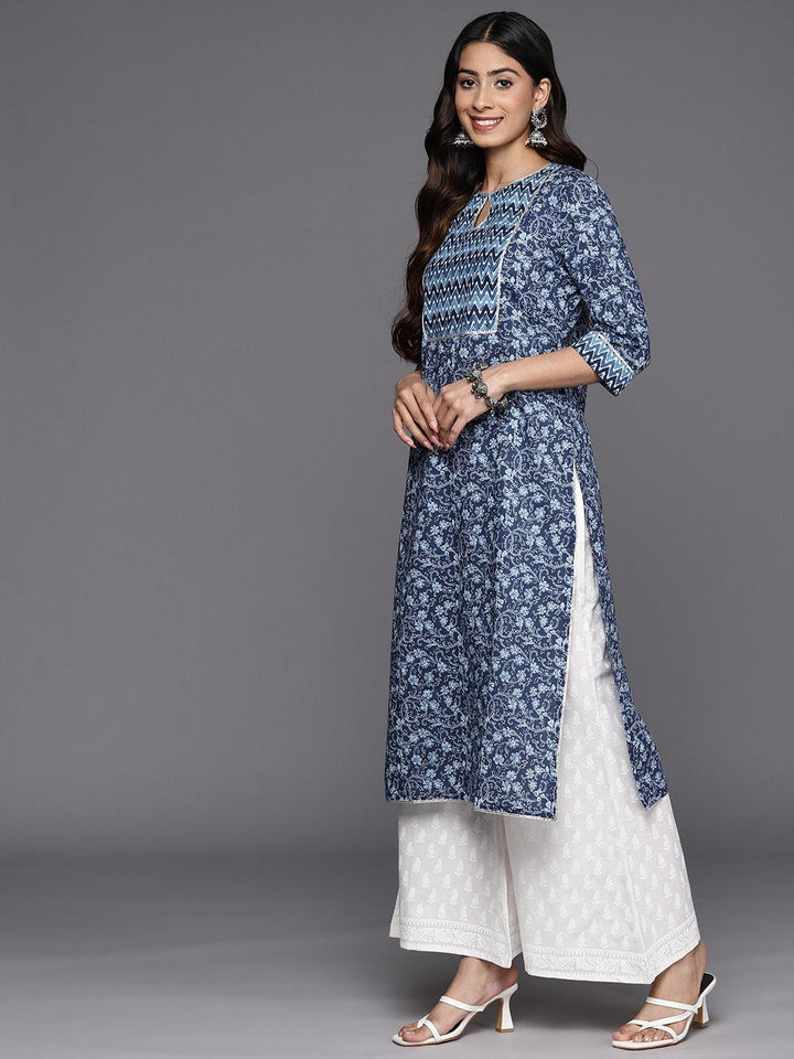 Blue Printed Cotton Straight Kurta - ShopLibas