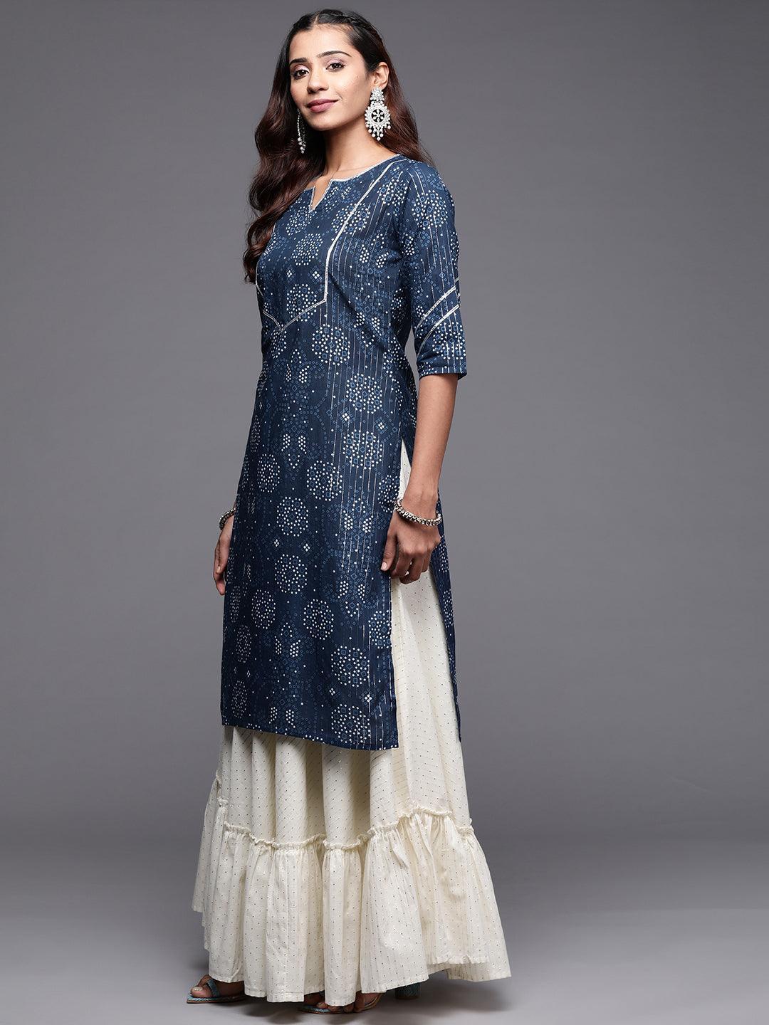 Blue Printed Cotton Straight Kurta