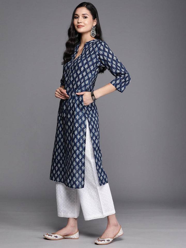 Blue Printed Cotton Straight Kurta - Libas