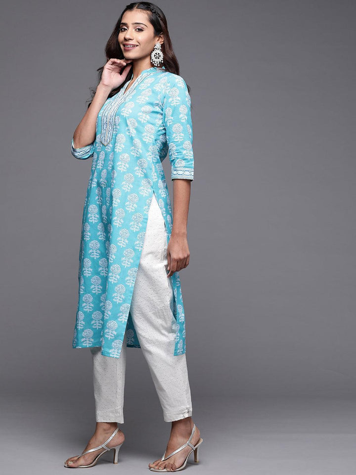 Blue Printed Cotton Straight Kurta - Libas