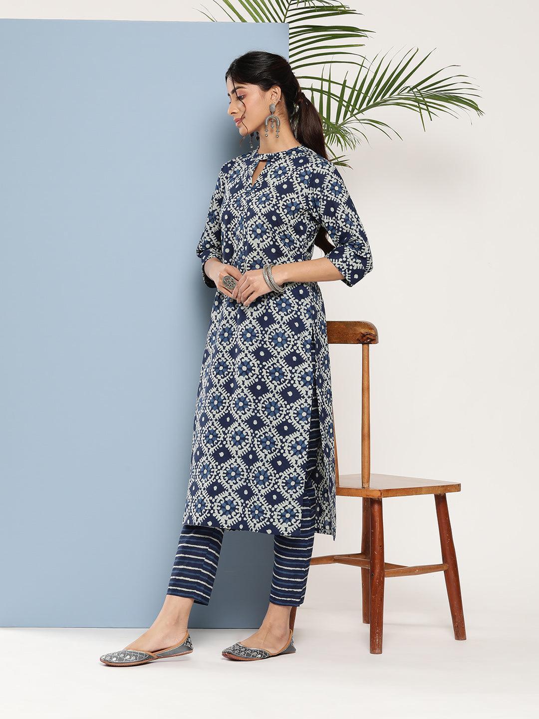 Blue Printed Cotton Straight Kurta - ShopLibas