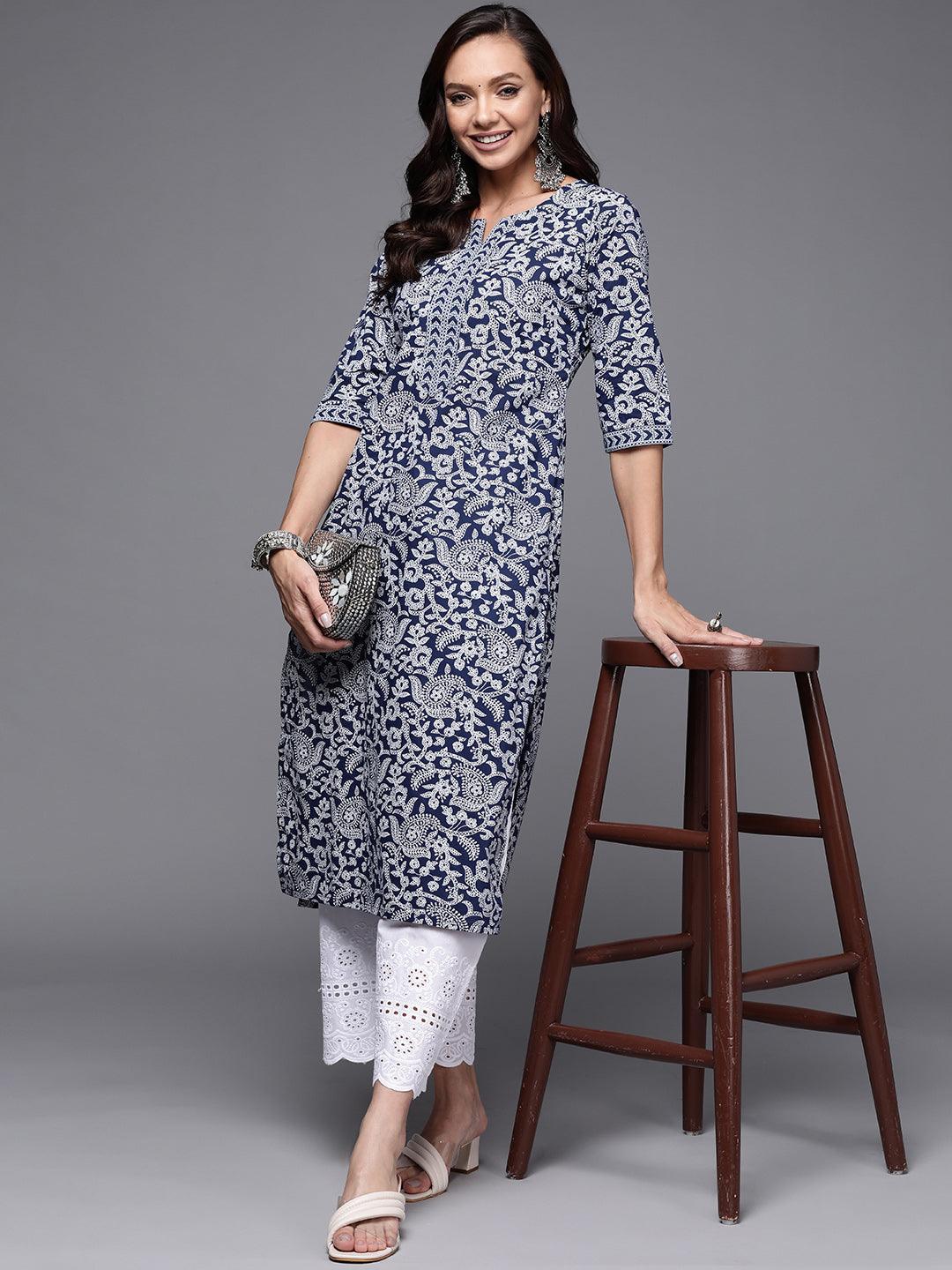 Blue Printed Cotton Straight Kurta - ShopLibas