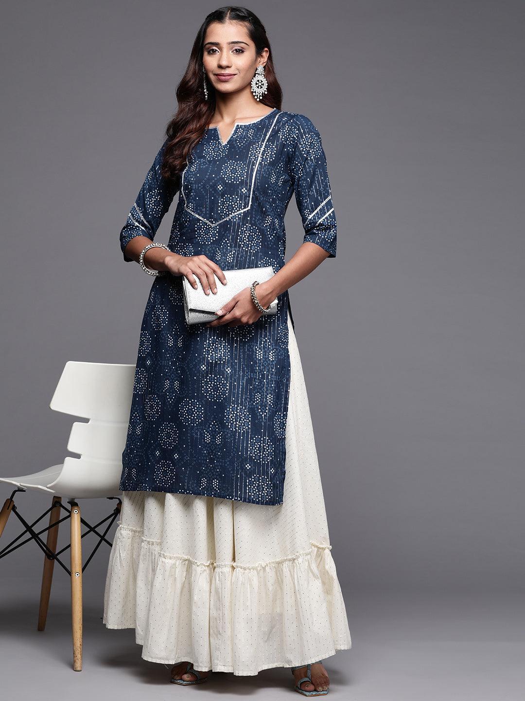 Blue Printed Cotton Straight Kurta