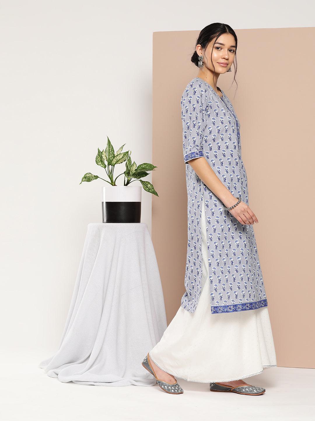 Blue Printed Cotton Straight Kurta - ShopLibas