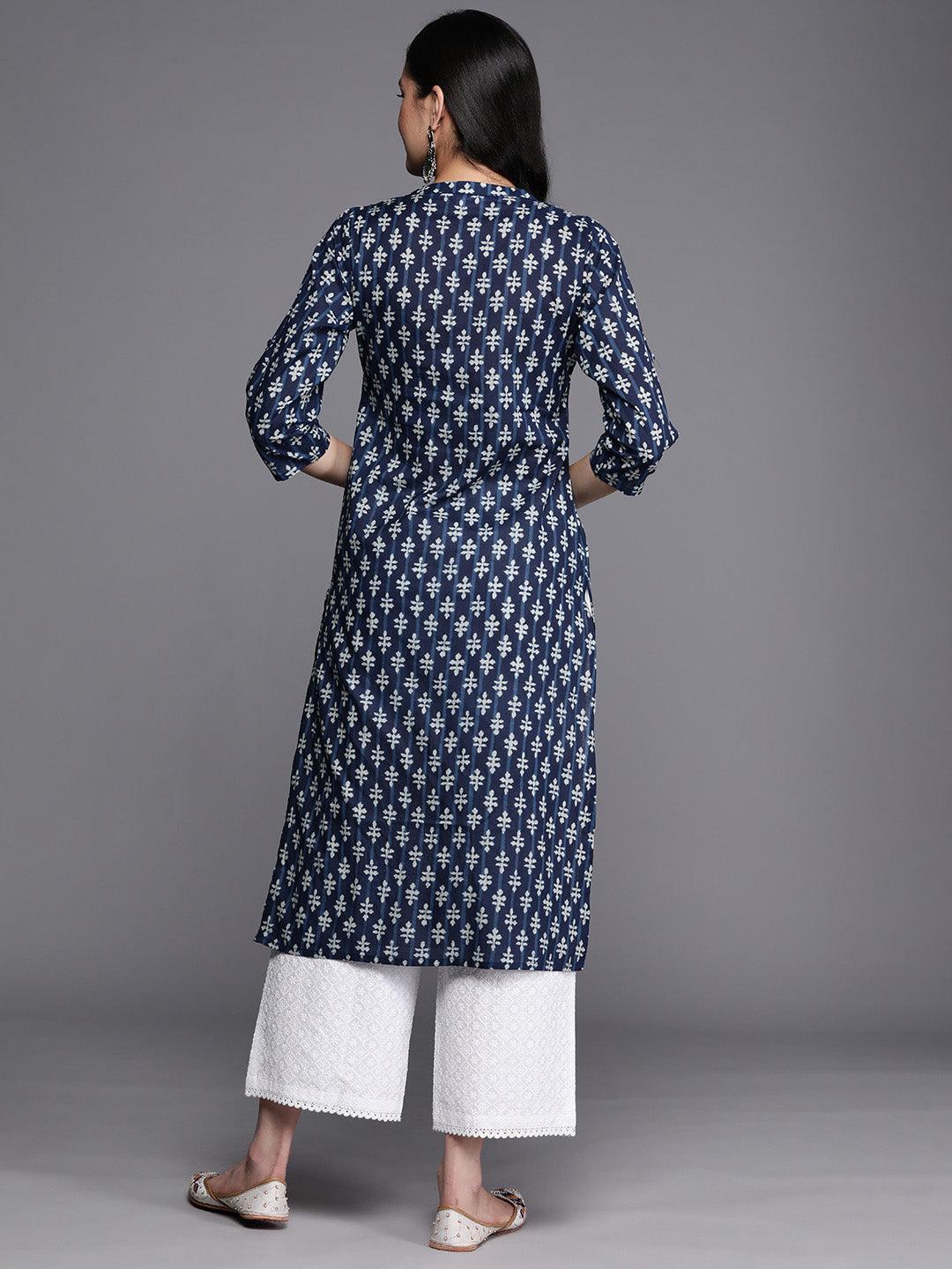 Blue Printed Cotton Straight Kurta