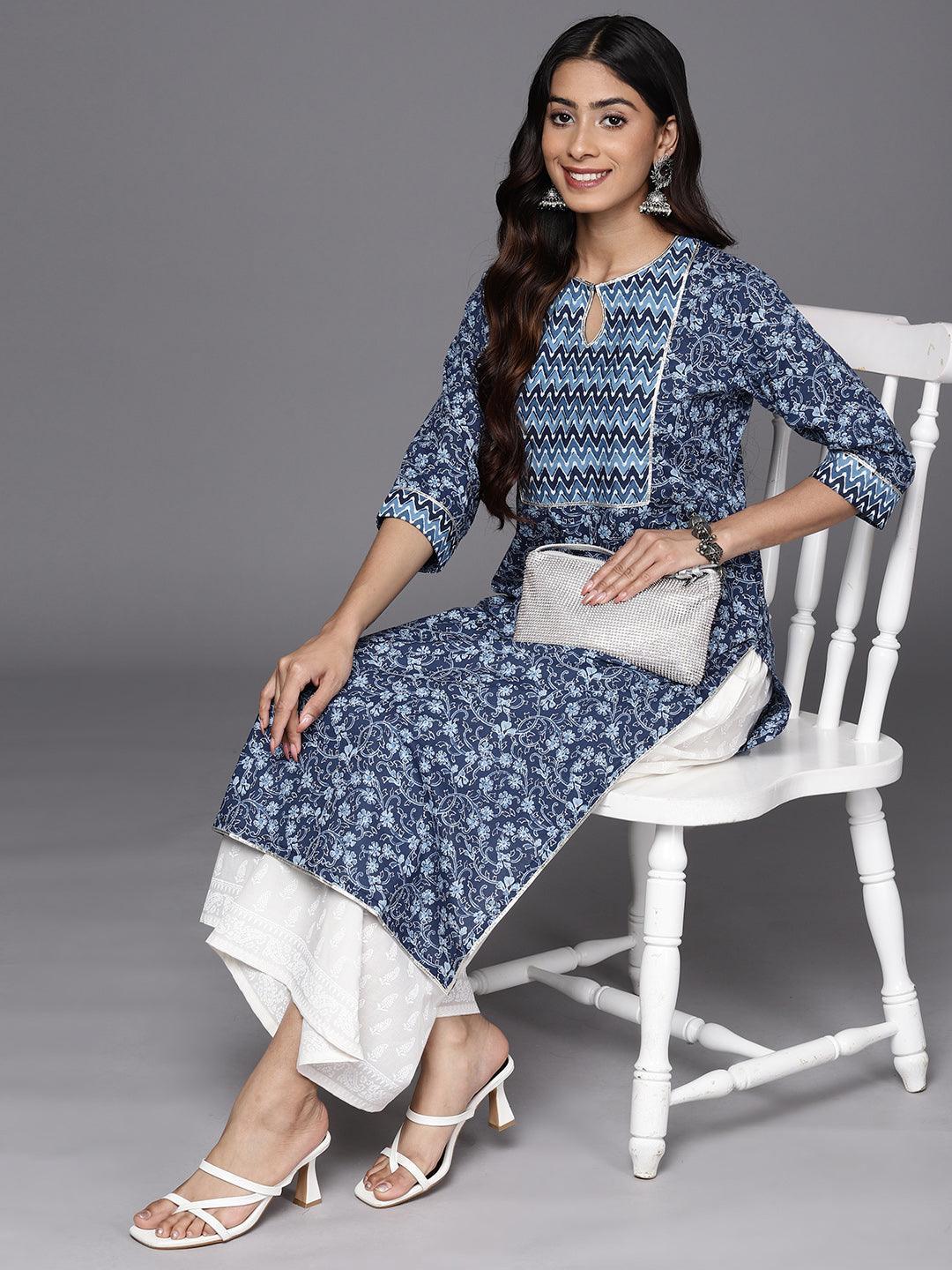 Blue Printed Cotton Straight Kurta - ShopLibas