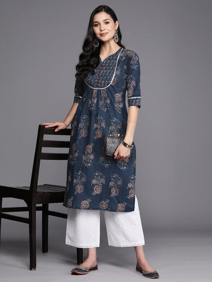 Blue Printed Cotton Straight Kurta - ShopLibas