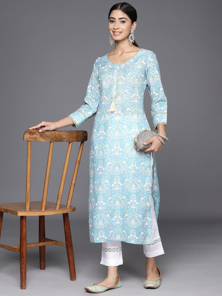 Blue Printed Cotton Straight Kurta - Libas