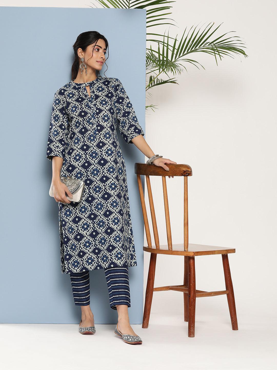 Blue Printed Cotton Straight Kurta