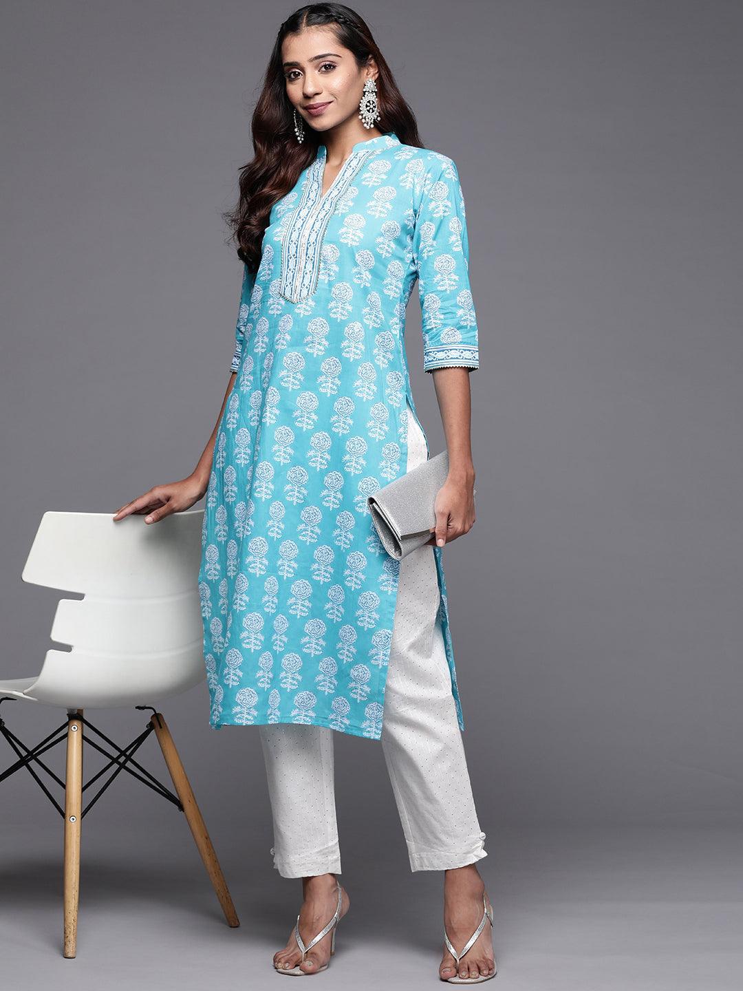 Blue Printed Cotton Straight Kurta