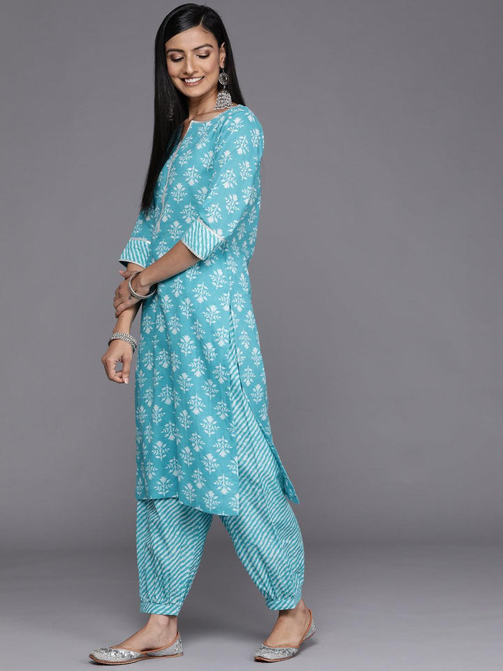 Blue Printed Cotton Straight Kurta - ShopLibas