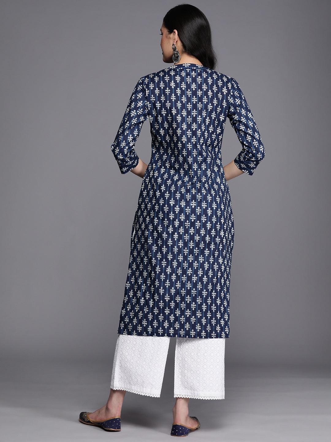 Blue Printed Cotton Straight Kurta