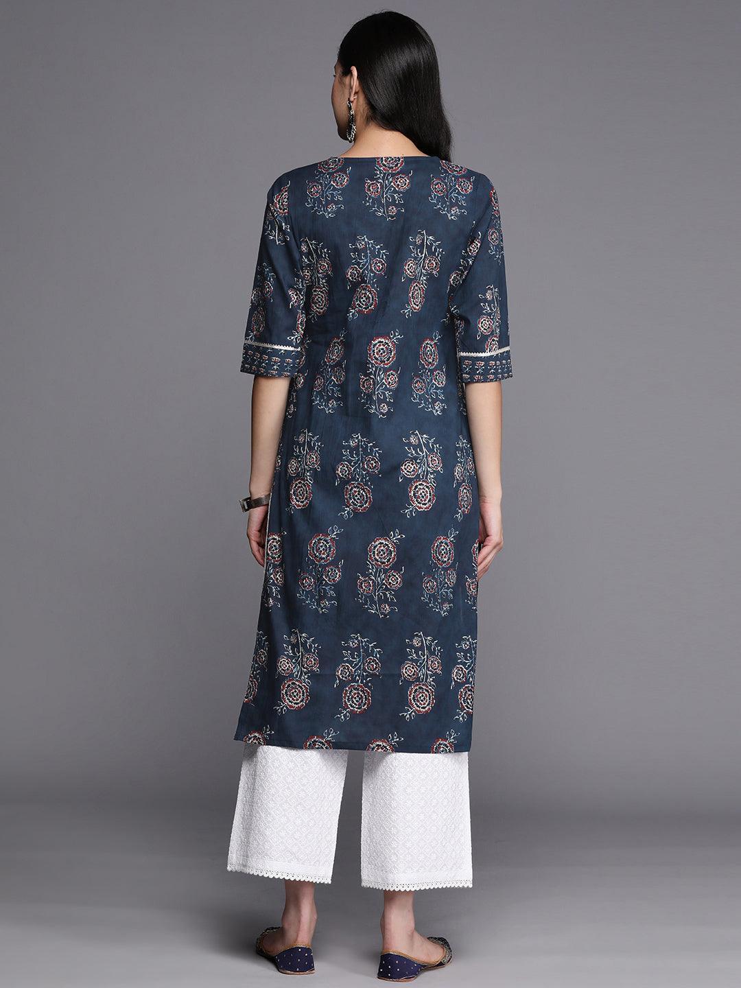 Blue Printed Cotton Straight Kurta - ShopLibas